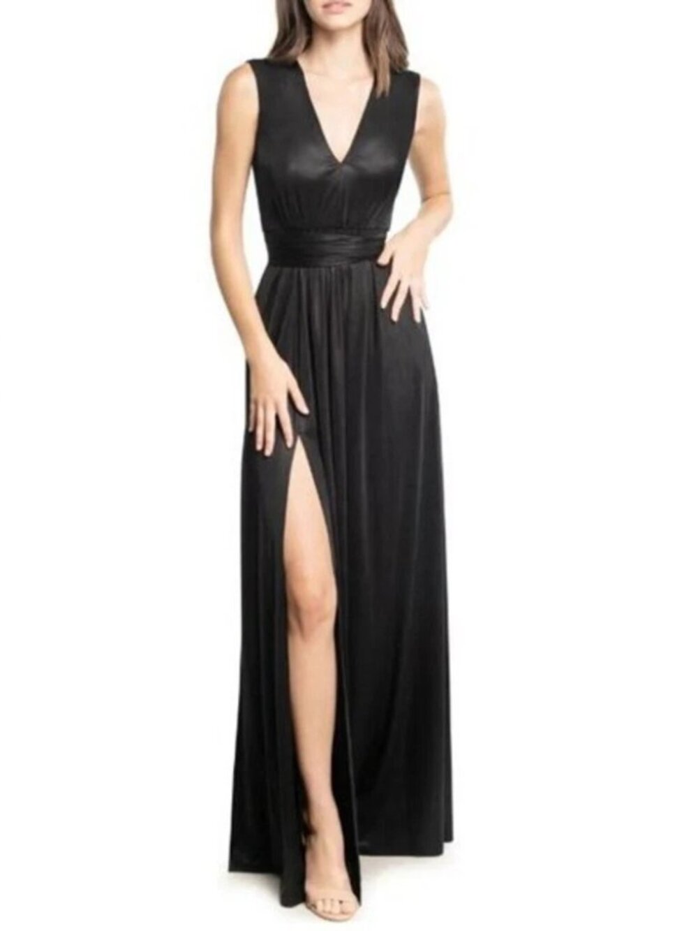 Dress The Population Krista Plunge Neck Gown Side Slit Medium M Black NEW